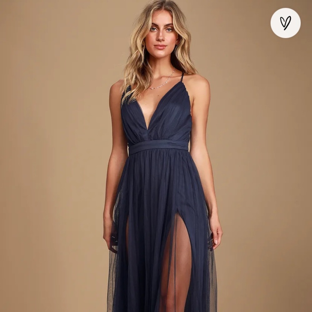Lulu’s Rare Beauty Navy Blue Tulle Backless Maxi Dress